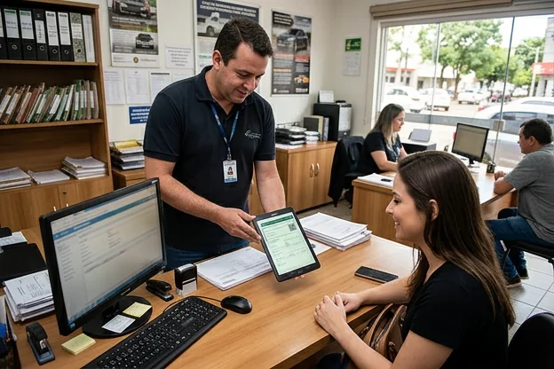 Despachante apresentando o CRLV-e a um cliente em Campo Grande.